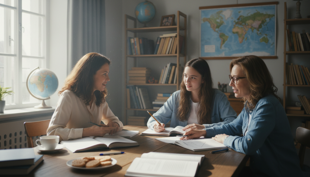Репетитор пояснює матеріал учениці під час домашнього заняття, поруч уважно сидить мама