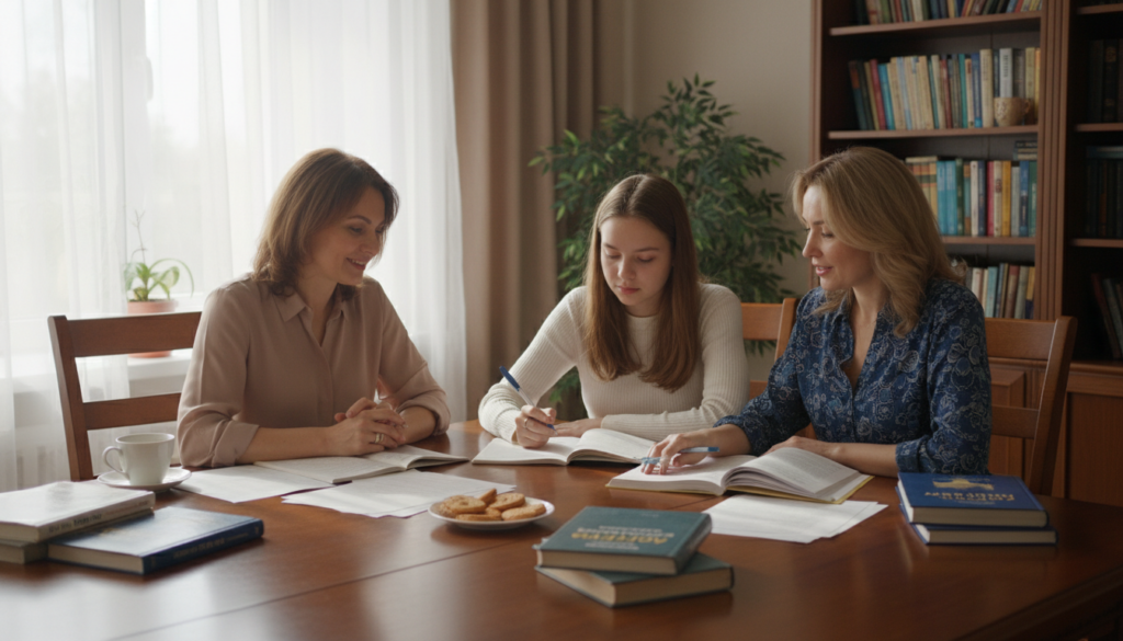Індивідуальне заняття з репетитором: учениця слухає пояснення, мама підтримує навчальний процес